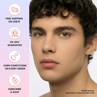 Male model with EyeCandys Cashmere Satin Olive prescription colored contact lens, enhancing eye color naturally, best contact lens for men, competitive contact lens price