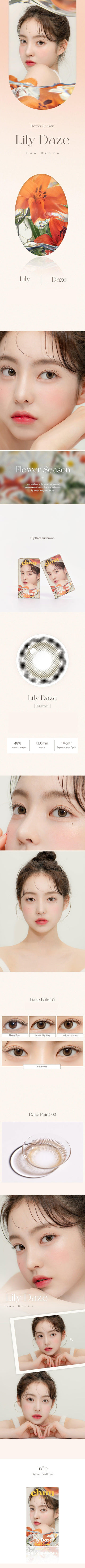 Asian model demonstrating a K-idol-inspired look with Chuu Lily Daze Sun Brown coloured contact lenses, highlighting the instant brightening and enlarging effect of the circle contact lenses over dark irises.