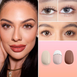 EyeCandys multi-product collage featuring Amelie Earl Grey on a model, close-up of Glossy Ivory, Bunnie Milky Ash Grey, Sunlit Hazel lenses, and gel nail stickers.