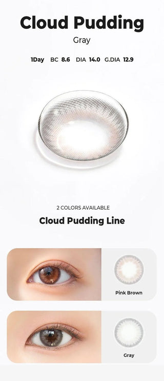 Asian model demonstrating a K-idol-inspired look with Chuu Cloud Pudding Grey (10pk) coloured contact lenses, highlighting the instant brightening and enlarging effect of the circle contact lenses over dark irises.