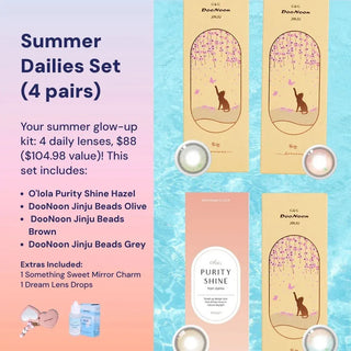 EyeCandys Summer Dailies Set 4 Pairs – Daily Color Contact Lenses in Hazel, Olive, Brown, and Grey with Free Mirror Charm and Lens Drops – Natural Colored Contacts for Summer Glow