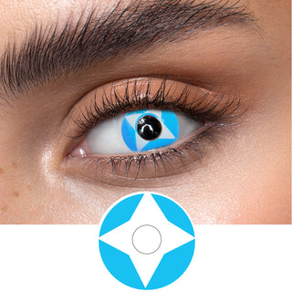 Blue star contact lenses on an dark eye, showing the opacity and vividness of the Halloween contact lens, above a cutout of the blue contact lens pattern