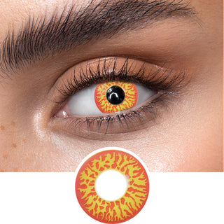 Red and yellow colored contact lenses on an dark eye, showing the opacity and vividness of the Halloween contact lens, above a cutout of the red contact lens pattern