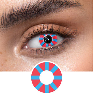 Lollapalooza red and blue contact lenses on an dark eye, showing the opacity and vividness of the Halloween contact lens, above a cutout of the red contact lens pattern