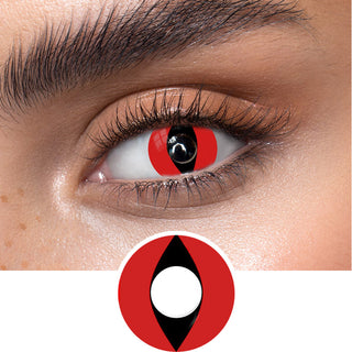 Red cat eye contact lenses on an dark eye, showing the opacity and vividness of the Halloween contact lens, above a cutout of the red contact lens pattern