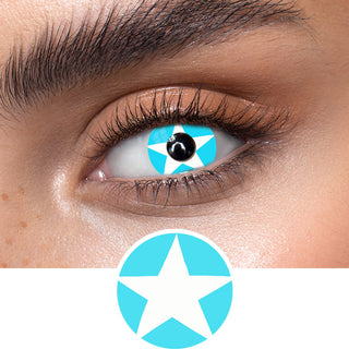 Blue star colored contact lenses on an dark eye, showing the opacity and vividness of the Halloween contact lens, above a cutout of the blue contact lens pattern