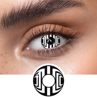 White vortex contact lenses on an dark eye, showing the opacity and vividness of the Halloween contact lens, above a cutout of the white and black contact lens pattern