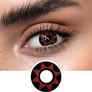 6-point star black and red colored contact lenses on an dark eye, showing the opacity and vividness of the Halloween contact lens, above a cutout of the red contact lens pattern
