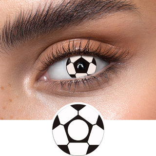 Football or soccer ball contact lenses on an dark eye, showing the opacity and vividness of the Halloween contact lens, above a cutout of the ball contact lens pattern