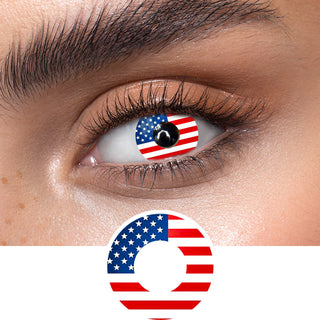 US American flag contact lens on an dark eye, showing the opacity and vividness of the Halloween contact lens, above a cutout of the cosplay contact lens pattern