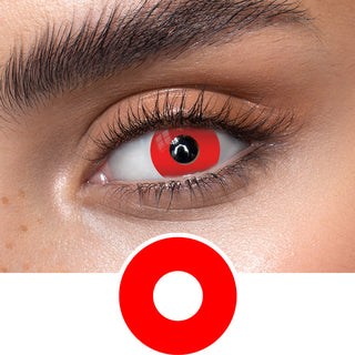 Red colored contact lenses on an dark eye, showing the opacity and vividness of the Halloween contact lens, above a cutout of the red contact lens pattern