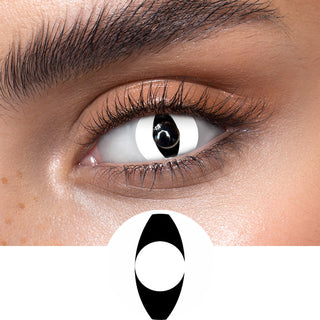 White cat eye contacts on an dark eye, showing the opacity and vividness of the Halloween contact lens, above a cutout of the cat eye contact lens pattern