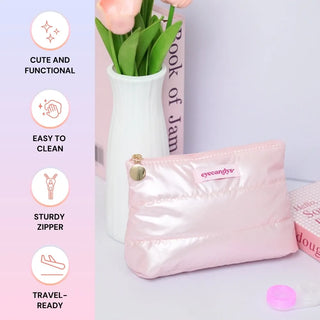 Quilted pearlescent EyeCandys pouch for travel, beauty, and accessories.