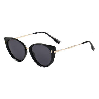 side view of Cyprus Cat Eye Sunglasses by Eyecandys. Stylish black cat eye sunglasses with elegant gold trim
