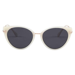 Cyprus Cat Eye Sunglasses by Eyecandys in Milky Quartz color. Fashionable white sunglasses with black lenses in cat eye style