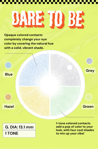 EyeCandys Dare to Be Blue Grey Hazel and Green colored contact lens design and diameter