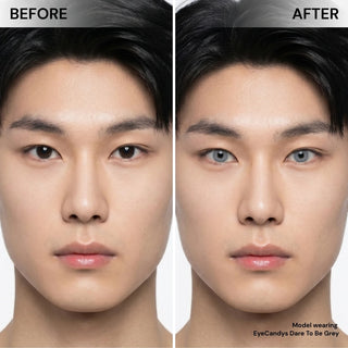 Before and after wearing EyeCandys Dare to Be Grey colored contact lens on male Asian model, dramatic grey eye transformation, best contact lens, affordable contact lens price