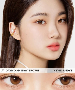 Model showcasing the natural look using Olola Daymood 1-Day Brown (10pk) (KR) prescription color contacts, above a closeup of a pair of eyes transformed by the color contact lenses
