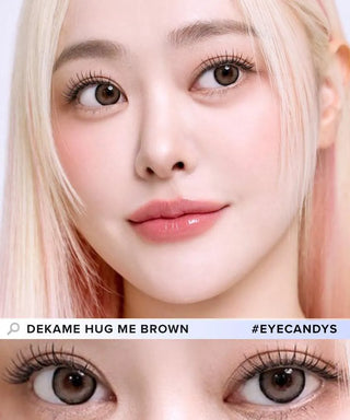 Model showcasing the natural look using i-Sha Dekame Hug Me Brown prescription colored contact lenses, above a closeup of a pair of eyes enhanced and widened by the circle lenses.