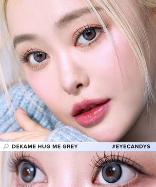 Model showcasing the natural look using i-Sha Dekame Hug Me Grey prescription colored contact lenses, above a closeup of a pair of eyes enhanced and widened by the circle lenses.