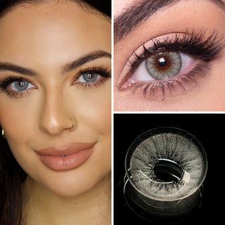 Close-up collage featuring a model wearing EyeCandys Desire Grey Colored Contacts, highlighting the vibrant grey hue with subtle detail, an eye makeup look showcasing the lens in a creative setting, and a detailed view of the contact lens design.