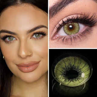 EyeCandys Desire Lush Green Prescription Contact Lenses collage – model with long lashes, close-up eye shot, and macro lens detail for a striking, nature-inspired green eye transformation