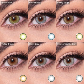 Variety of EyeCandys Desire Series color - Lush Green, Glacier Blue, Sandy Beige, Toffee Brown, Misty grey and Innocent White Grey coloured contact lenses, each worn with a light rosegold eye makeup.