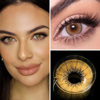 Close up collage featuring a model wearing EyeCandys Desire Toffee Brown Colored Contacts, highlighting the vibrant blue hue with subtle detail, an eye makeup look showcasing the lens in a creative setting, and a detailed view of the contact lens design.