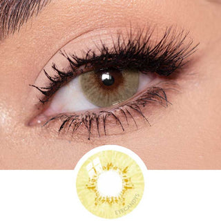 Close-up of Pink Label Dewy Hazel colored contact lens on dark eyes, paired with lush eyelashes and light makeup