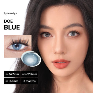 Model wearing EyeCandys Doe Blue prescription colored contact lens, with close-up of her eye and macro shot of the lens design.