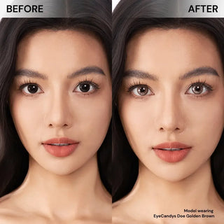 Before and after comparison of a model wearing makeup with 'EyeCandy's Doe Golden Brown' color.
