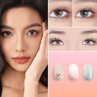 Collage of a woman's face, close-up of eyes, and nail polish colors.