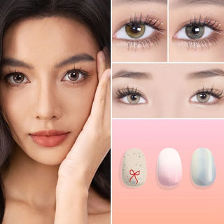 Collage of a woman's face, close-up of eyes, and nail polish colors.