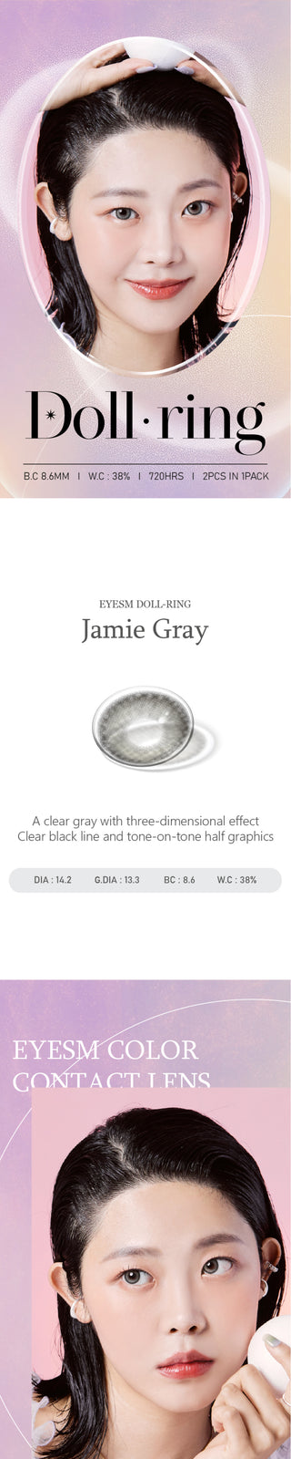 Several views of a Korean model with the Eyesm Dollring Jamie Grey color contact lenses. An enlargement of a model's eyes with the prescription colored contacts, demonstrating the subtle yet striking change on dark eyes.