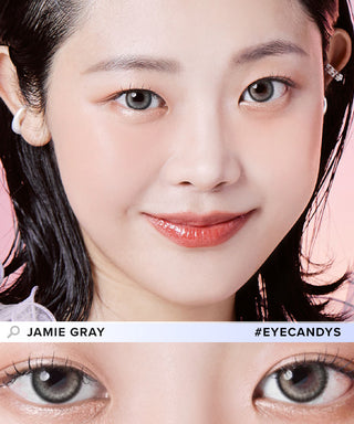 Asian model wearing Dollring Grey contact lens with a hint of red lipstick for a unique look above a closeup of a pair of eyes transformed by the grey contacts 
