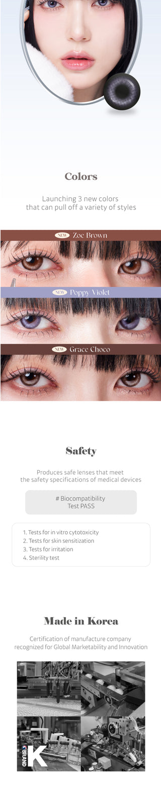 Several views of a Korean model with the Dollring Poppy Violet color contact lenses. An enlargement of a model's eyes with the prescription colored contacts, demonstrating the subtle yet striking change on dark eyes.