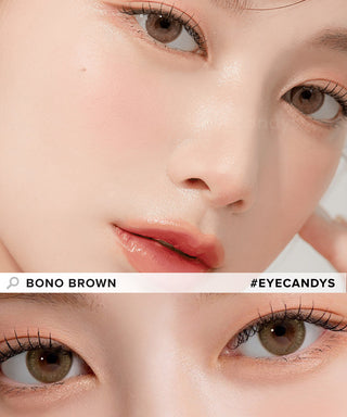 Model showcasing the natural look using DooNoon Bono Brown prescription color contacts, above a closeup of a pair of eyes transformed by the color contact lenses