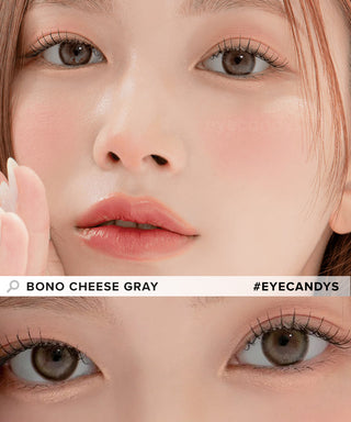 Model showcasing the natural look using DooNoon Bono Cheese Grey prescription color contacts, above a closeup of a pair of eyes transformed by the color contact lenses