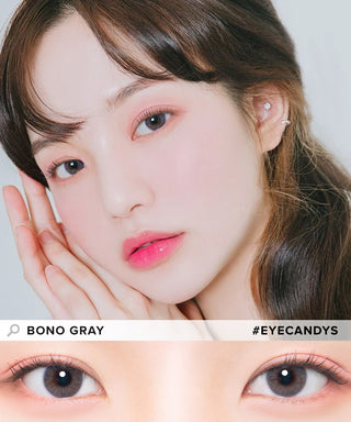 Model showcasing the natural look using DooNoon Bono Grey prescription color contacts, above a closeup of a pair of eyes transformed by the color contact lenses