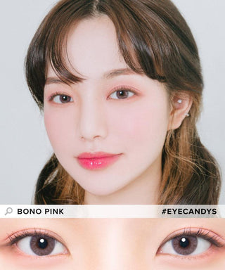 Model showcasing the natural look using DooNoon Bono Pink prescription color contacts, above a closeup of a pair of eyes transformed by the color contact lenses