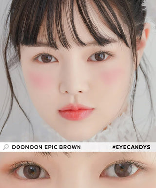Model showcasing the natural look using DooNoon Epic 1-Day Brown (10pk) prescription color contacts, above a closeup of a pair of eyes transformed by the color contact lenses