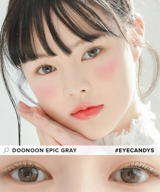 Model showcasing the natural look using DooNoon Epic 1-Day Grey (10pk) prescription color contacts, above a closeup of a pair of eyes transformed by the color contact lenses