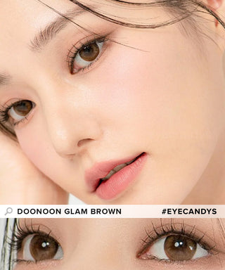 Model showcasing the natural look using DooNoon Glam 1-Day Brown (10pk) prescription color contacts, above a closeup of a pair of eyes transformed by the color contact lenses