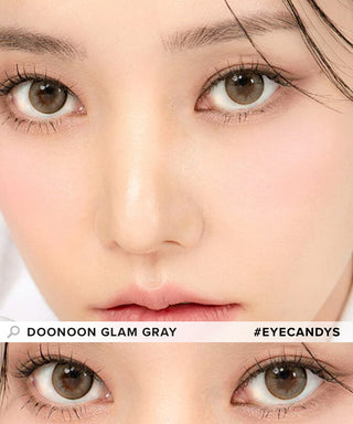 Model showcasing the natural look using DooNoon Glam 1-Day Grey (10pk) prescription color contacts, above a closeup of a pair of eyes transformed by the color contact lenses