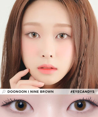 Model showcasing the natural look using DooNoon I Nine Brown prescription color contacts, above a closeup of a pair of eyes transformed by the color contact lenses