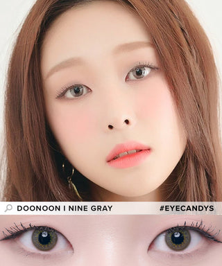 Model showcasing the natural look using DooNoon I Nine Grey prescription color contacts, above a closeup of a pair of eyes transformed by the color contact lenses