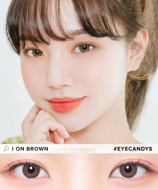 Model showcasing the natural look using DooNoon I On Brown prescription color contacts, above a closeup of a pair of eyes transformed by the color contact lenses