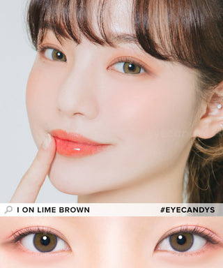 Model showcasing the natural look using DooNoon I On Lime Brown prescription color contacts, above a closeup of a pair of eyes transformed by the color contact lenses