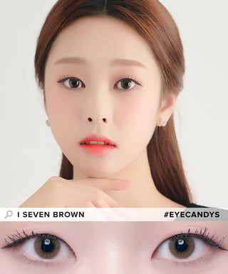 Model showcasing the natural look using DooNoon I Seven Brown prescription color contacts, above a closeup of a pair of eyes transformed by the color contact lenses
