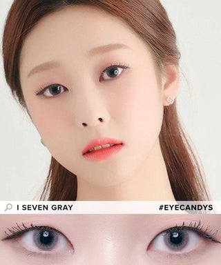 Model showcasing the natural look using DooNoon I Seven Grey prescription color contacts, above a closeup of a pair of eyes transformed by the color contact lenses